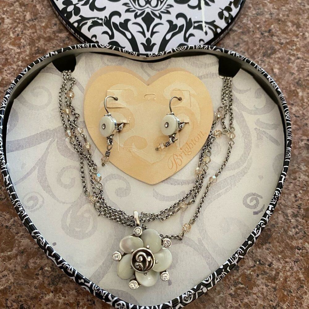 Brighton BLOSSOM Flower & Crystals Multi Chain‎ Pendant NECKLACE and earrings